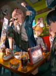  2boys 2girls absurdres arm_up artist_name black_hair black_pants blonde_hair burger chainsaw_man collared_shirt commentary cup denji_(chainsaw_man) dress_shirt drinking_straw food hair_over_one_eye hand_up hayakawa_aki highres holding holding_microphone horns indoors jacket karaoke knee_up kyuuba_melo lyrics makima_(chainsaw_man) microphone morning_musume multiple_boys multiple_girls necktie on_table open_clothes open_jacket open_mouth pants pizza plate pochita_(chainsaw_man) power_(chainsaw_man) profile red_hair sharp_teeth shirt shoes sitting sneakers standing symbol-only_commentary table teeth white_footwear white_shirt 