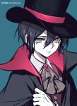  1boy ascot bangs black_cape black_headwear brown_ascot brown_hair cape danganronpa_(series) danganronpa_v3:_killing_harmony ewa_(seraphhuiyu) gem green_background hair_between_eyes hand_up hat highres male_focus parted_lips red_cape saihara_shuuichi shiny shiny_hair simple_background smile solo teeth top_hat upper_body 