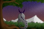  ambiguous_gender cel_shading dragon feral grass grey_body grey_scales hi_res horn mountain night plant purple_horn quadruped rear_view scales shaded solo spines star thornybush tree wingless_dragon 