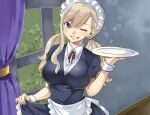  apron blonde_hair blue_eyes breasts colored_skin curtains eden&#039;s_zero hair_ornament holding holding_plate large_breasts looking_at_viewer maid maid_apron maid_headdress mashima_hiro one_eye_closed plate rebecca_bluegarden smile white_skin window 