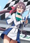  1girl akebono_(kancolle) belt blue_skirt blurry blurry_background blush checkered_flag collarbone cowboy_shot flag fuji_speedway gloves hair_between_eyes hair_ribbon highres holding holding_flag ichikawa_feesu jacket kantai_collection long_hair long_sleeves official_alternate_costume open_clothes open_jacket open_mouth pink_ribbon purple_eyes purple_hair race_queen ribbon side_ponytail skirt smile solo white_belt white_gloves white_jacket white_skirt 