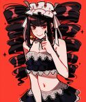  1girl absurdres artist_name bangs bare_shoulders bikini black_bikini black_hair black_nails blunt_bangs breasts celestia_ludenberg cleavage danganronpa:_trigger_happy_havoc danganronpa_(series) danganronpa_s:_ultimate_summer_camp drill_hair earrings frills gothic_lolita hand_up highres huyandere index_finger_raised jewelry lace_trim lolita_fashion long_hair looking_at_viewer nail_polish navel red_background red_eyes ribbon simple_background smile solo sparkle stomach swimsuit twin_drills twintails upper_body white_ribbon 