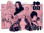  6+girls :d artist_name black_gloves black_jacket breasts collar commentary_request doll_(one_piece) earrings eyelashes glasses gloves happy headphones hibari_(one_piece) highres jacket jewelry jewelry_bonney large_breasts leather leather_jacket lipstick long_hair looking_at_viewer makeup multiple_girls nami_(one_piece) nico_robin one_piece open_mouth ponytail sherumaru_(korcht06) short_hair signature smile spiked_collar spikes tashigi translation_request vegapunk_(one_piece) 
