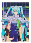  1girl absurdres aqua_eyes aqua_hair bright_pupils commentary cropped_jacket dora_(dr3032) flame_print gloves goodsmile_racing hatsune_miku highres jacket logo long_hair race_queen racing_miku racing_miku_(2022) signature single_thighhigh smile thighhighs twintails very_long_hair vocaloid white_jacket white_pupils 