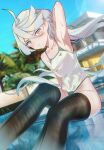  1girl absurdres ahoge arm_behind_head arm_up armpits artist_name black_thighhighs blurry blush breasts depth_of_field dutch_angle grey_eyes grey_hair gundam gundam_suisei_no_majo haapi_jang_p highleg highleg_swimsuit highres long_hair looking_at_viewer low_ponytail miorine_rembran mobile_suit_gundam pool_ladder poolside pout small_breasts solo swimsuit thighhighs 
