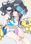  1girl animal_ears between_legs black_hair blue_archive blue_eyes blush breasts character_name cheerleader cleavage closed_mouth clothes_writing dildo dog_ears dog_girl dog_tail eyewear_on_head grey_background halo hibiki_(blue_archive) hibiki_(cheerleader)_(blue_archive) highres looking_at_viewer medium_breasts medium_hair pom_pom_(cheerleading) sex_toy simple_background sitting solo sunglasses tail take_mawile 