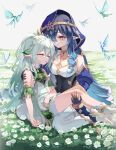  2girls bare_legs bare_shoulders black_gloves blue_hair blue_hood blue_sleeves blush braid breasts bright_pupils carrying claw_ring closed_mouth commentary_request crystalfly_(genshin_impact) detached_sleeves dress flower genshin_impact gloves gradient_hair grass green_hair hair_between_eyes hair_ornament hair_over_one_eye highres jewelry layla_(genshin_impact) leaf_hair_ornament long_hair looking_at_another medium_breasts multicolored_hair multiple_girls nahida_(genshin_impact) neck_ring outdoors painttool_sai_(medium) parted_lips pointy_ears princess_carry ringlets samele_otaku short_dress short_sleeves side_ponytail sitting sleeping socks toeless_footwear two-tone_hair wariza white_dress white_flower white_hair white_pupils white_socks yellow_eyes yuri 
