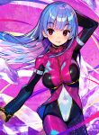  1girl arm_behind_head arm_up armband bangs blue_hair bodysuit breasts chaps commentary_request covered_navel gauntlets gloves groin kula_diamond large_breasts light_blue_hair light_blush long_hair looking_at_viewer multicolored_background onono_imoko pink_bodysuit red_eyes smile solo the_king_of_fighters thighs tongue tongue_out yellow_gloves zipper 