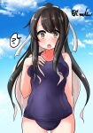  ? alternate_costume alternate_hairstyle ass_visible_through_thighs black_hair blue_sky breasts cloud cloudy_sky collarbone colored_inner_hair cowboy_shot day fang hand_on_own_chest highres kantai_collection long_hair looking_at_viewer medium_breasts multicolored_hair naganami_(kancolle) open_mouth outdoors pink_hair ponytail school_swimsuit sky swimsuit t_(dyuhuhudyukusi) two-tone_hair yellow_eyes 