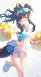  1girl absurdres animal_ears bangs bare_shoulders black_hair blue_archive blue_eyes blush breasts cheerleader cleavage closed_mouth crop_top dog_ears dog_girl dog_tail eyewear_on_head halo hibiki_(blue_archive) hibiki_(cheerleader)_(blue_archive) highres holding holding_pom_poms leg_up long_hair looking_at_viewer medium_breasts midriff miniskirt navel pleated_skirt pom_pom_(cheerleading) ponytail shirt shoes sidelocks skirt sleeveless sleeveless_shirt sneakers solo standing standing_on_one_leg star_sticker sticker_on_arm sticker_on_face tail thighs warojiku white_footwear white_skirt 