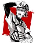  1boy :o ace_of_diamond baseball_catchers_mask baseball_mitt baseball_uniform egg_(cknlun) long_sleeves looking_at_viewer male_focus mask_up miyuki_kazuya monochrome red_background shirt short_hair solo sportswear tinted_eyewear two-tone_background upper_body white_background white_shirt 