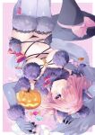  1girl absurdres animal_ears bangs bare_shoulders bow breasts cleavage elbow_gloves fate/grand_order fate_(series) fur-trimmed_gloves fur-trimmed_legwear fur_collar fur_trim gloves hair_over_one_eye highres jack-o&#039;-lantern lace-trimmed_legwear lace_trim large_breasts light_purple_hair looking_at_viewer mash_kyrielight mash_kyrielight_(dangerous_beast) misaki346 navel o-ring purple_eyes purple_gloves purple_thighhighs revealing_clothes short_hair solo tail thighhighs wolf_ears wolf_tail 