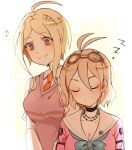  2girls ahoge akamatsu_kaede alternate_hair_length alternate_hairstyle antenna_hair bangs barbed_wire blonde_hair blue_eyes blush breasts choker cleavage closed_eyes collarbone danganronpa_(series) danganronpa_v3:_killing_harmony gloves goggles goggles_on_head hair_between_eyes hair_ornament highres huyandere iruma_miu large_breasts long_sleeves looking_at_viewer multiple_girls musical_note musical_note_hair_ornament necktie school_uniform serafuku short_hair short_hair_with_long_locks sleeping smile sweater_vest zzz 