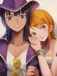  2girls :p black_hair blue_eyes breasts cleavage commentary_request cowboy_hat happy hat highres jacket log_pose long_hair looking_at_viewer multiple_girls nami_(one_piece) nico_robin oekakiboya one_piece orange_eyes orange_hair purple_headwear purple_jacket short_hair smile standing sunglasses tongue tongue_out 
