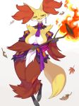  absurd_res anthro blush breasts canid canine delphox female fur generation_6_pokemon hi_res kame_3 looking_at_viewer mammal nintendo pokemon pokemon_(species) simple_background smile solo tongue video_games white_background 