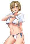  1girl aqua_eyes bikini breasts brown_hair clothes_lift idolmaster idolmaster_cinderella_girls kneeling large_breasts lifted_by_self looking_at_viewer navel open_mouth shirt shirt_lift short_hair short_sleeves side-tie_bikini_bottom simple_background smile solo swimsuit t-shirt tada_riina tomajiyama white_background white_bikini 