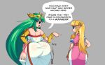 absurd_res big_butt blonde_hair butt butt_size_difference clothing dialogue dotodonoto dress female green_hair grey_background hair hi_res huge_butt humanoid hylian kid_icarus larger_female legwear nintendo not_furry palutena princess_zelda simple_background size_difference smaller_female the_legend_of_zelda thick_thighs thigh_highs video_games 