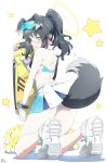 1girl absurdres animal_ears back bag ball bangs bare_arms bare_legs bare_shoulders black_hair blue_archive blush bracelet breasts crop_top dog_ears dog_tail extra_ears full_body goggles goggles_on_head golf_ball halo hibiki_(blue_archive) hibiki_(cheerleader)_(blue_archive) highres holding holding_bag jewelry kneeling long_hair looking_at_viewer makicha_(sasurainopink) miniskirt panties pantyshot parted_lips pom_pom_(cheerleading) ponytail shoes sidelocks skirt solo star_(symbol) tail tail_lift underwear white_background white_footwear white_panties 