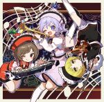  3girls beamed_eighth_notes black_headwear black_skirt black_vest blonde_hair blue_eyes blush brown_eyes brown_hair closed_mouth hat highres holding holding_instrument howhow_notei instrument keyboard_(instrument) kneehighs long_sleeves lunasa_prismriver lyrica_prismriver merlin_prismriver multiple_girls music musical_note one_eye_closed open_mouth pink_headwear pink_skirt pink_vest playing_instrument quarter_note red_headwear red_skirt red_vest shirt short_hair siblings sisters skirt smile socks tongue tongue_out touhou trumpet vest violin white_hair white_shirt white_socks yellow_eyes 