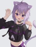  1girl :3 ahoge animal_ears black_collar black_sweater blush cat_ears cat_girl cat_tail collar commentary cropped_sweater fangs food grey_background highres hololive looking_at_viewer midriff navel nekomata_okayu onigiri pants paw_pose purple_eyes purple_hair ruka_tou short_hair simple_background solo sweater tail upper_body virtual_youtuber white_pants 
