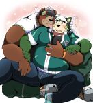  2022 anthro bearlovestiger13 blush bottomwear brown_body canid canine canis clothing domestic_dog duo embrace goro_(live-a-hero) green_body hi_res hug hugging_from_behind humanoid_hands lifewonders live-a-hero male male/male mammal mokdai musclegut overweight overweight_male pants shirt tongue tongue_out topwear ursid video_games 