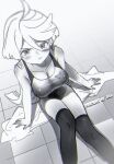  1girl bangs blush breasts cleavage collarbone competition_swimsuit from_above greyscale gundam gundam_suisei_no_majo haapi_jang_p highres long_hair looking_at_viewer looking_up medium_breasts miorine_rembran monochrome one-piece_swimsuit pout sitting solo swimsuit thighhighs tile_floor tiles v-shaped_eyebrows very_long_hair 