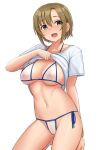  1girl aqua_eyes bikini breasts brown_hair clothes_lift idolmaster idolmaster_cinderella_girls kneeling large_breasts lifted_by_self looking_at_viewer navel nipples open_mouth see-through shirt shirt_lift short_hair short_sleeves side-tie_bikini_bottom simple_background smile solo swimsuit t-shirt tada_riina tomajiyama white_background white_bikini 