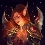  1girl armor blood_elf_(warcraft) closed_eyes elf gold_trim highres lady_liadrin long_eyebrows long_pointy_ears paladin_(warcraft) pointy_ears red_armor red_hair shoulder_armor svelien warcraft world_of_warcraft 