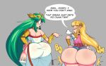  absurd_res big_butt blonde_hair butt butt_size_difference clothing dialogue dotodonoto dress female green_hair grey_background hair hi_res huge_butt humanoid hylian kid_icarus larger_female legwear nintendo not_furry palutena panties princess_zelda simple_background size_difference smaller_female the_legend_of_zelda thick_thighs thigh_highs underwear video_games 