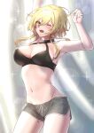  1girl armpits arms_up bangs bare_arms bare_shoulders black_choker blonde_hair blush breasts choker chumugi cleavage commentary_request cowboy_shot crop_top genshin_impact grey_shorts groin hair_between_eyes highres large_breasts long_hair looking_at_viewer lumine_(genshin_impact) midriff navel one_eye_closed open_mouth short_shorts shorts sleeveless solo standing stomach thighs yellow_eyes 