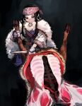  1girl asirpa black_background black_hair blood blue_eyes bone closed_mouth coat commentary dead_animal deer earrings expressionless food fur_(clothing) fur_coat furirikkuru golden_kamuy half-closed_eyes hand_guard hand_up headband highres hoop_earrings jewelry long_hair long_sleeves looking_down meat red_headband sidelocks simple_background sketch skinning solo spine standing upper_body white_coat wide_sleeves 