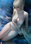  1girl blonde_hair blue_eyes breasts choker cleavage earrings final_fantasy final_fantasy_xv flower frilled_babydoll frilled_choker frills gloves half_gloves jewelry large_breasts lips looking_at_viewer lunafreya_nox_fleuret necklace olesyaspitz panties patreon_logo pearl_necklace ponytail short_hair short_ponytail sitting solo underwear web_address white_gloves white_panties 