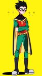  1boy bangs black_cape black_footwear black_hair blush boots cape crossed_arms dc_comics eye_mask full_body gloves green_gloves green_pants highres huyandere image_sample pants red_shirt robin_(dc) shirt short_hair short_sleeves simple_background solo standing teen_titans tumblr_sample yellow_background 