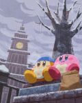  bag bandana_waddle_dee bare_tree brown_bag building clock cloud cloudy_sky eating food highres holding holding_food icicle kirby kirby_(series) miclot no_humans outdoors paper_bag scenery sitting sky snow tree waddle_dee 