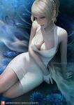  1girl blonde_hair blue_eyes breasts cleavage dress earrings final_fantasy final_fantasy_xv flower gloves half_gloves jewelry large_breasts lips looking_at_viewer lunafreya_nox_fleuret necklace olesyaspitz patreon_logo pearl_necklace ponytail short_hair short_ponytail sitting solo web_address white_dress white_gloves 