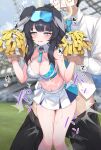  1boy 1girl absurdres animal_ears arm_grab bare_shoulders black_hair blue_archive blush breasts cheerleader clothed_sex crop_top dog_ears dog_girl dog_tail eyewear_on_head halo hetero hibiki_(blue_archive) hibiki_(cheerleader)_(blue_archive) highres holding_another&#039;s_wrist long_hair midriff motion_lines outdoors paid_reward_available pom_pom_(cheerleading) sensei_(blue_archive) sex sex_from_behind skirt solo_focus standing standing_sex tail topu vaginal 