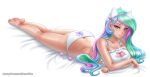  1girl animal_ears ass bangs bare_arms bare_legs barefoot bed_sheet bell blue_hair bra breasts butt_crack cat_cutout cat_ear_hairband cat_ears cat_lingerie celestia_(my_little_pony) cinderella_bust cleavage cleavage_cutout closed_mouth clothing_cutout collarbone fake_animal_ears frilled_bra frills full_body green_hair hair_bell hair_ornament hair_ribbon hairband large_breasts long_hair looking_at_viewer lying makeup mascara meme_attire multicolored_hair my_little_pony on_stomach panties paw_print pink_eyes pink_hair pink_hairband pink_ribbon print_panties racoon-kun ribbon shiny shiny_hair shiny_skin side-tie_panties simple_background smile soles solo swept_bangs underwear underwear_only very_long_hair web_address white_background white_bra white_panties 