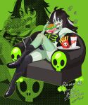  1girl @_@ armpits black_eyes black_hair blood blood_on_face bone bone_print boots brain burger colored_skin couch crop_top crossed_legs cup disposable_cup drawing_tablet drink eating fang fast_food food french_fries green_background green_skin half-skirt holding holding_food kneehighs koe_01_03 miniskirt multicolored_hair nail_polish open_mouth original patchwork_skin pleated_skirt scar scar_on_leg scar_on_neck screentones shirt single_kneehigh single_sock sitting skirt skull smile socks solo stitches torn_clothes torn_shirt torn_skirt tray two-tone_hair v-shaped_eyebrows white_hair zoom_layer 