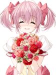  1girl absurdres blush bouquet bow closed_eyes facing_viewer flower hair_bow highres holding holding_bouquet kaname_madoka magical_girl mahou_shoujo_madoka_magica misteor nose_blush open_mouth pink_bow pink_hair puffy_short_sleeves puffy_sleeves short_hair short_sleeves short_twintails simple_background smile solo teeth twintails upper_body upper_teeth white_background 