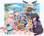  5girls animal_ears animal_print arm_behind_back bald_eagle_(kemono_friends) bangs basket bird_girl bird_tail bird_wings black_hair black_jaguar_(kemono_friends) blanket blonde_hair blue_eyes blunt_ends boots border bottle bread breast_pocket bright_pupils brown_eyes collared_shirt common_raccoon_(kemono_friends) day eating elbow_gloves extra_ears fang floating food food_in_mouth full_body gloves greater_flamingo_(kemono_friends) grey_hair hair_between_eyes hand_up head_wings highres holding holding_food jacket jaguar_ears jaguar_girl jaguar_print jaguar_tail japanese_clothes japari_symbol jitome kemono_friends kimono layered_sleeves leaning_forward long_hair long_sleeves looking_at_another looking_at_food looking_at_object lucky_beast_(kemono_friends) medium_hair microskirt multicolored_hair multiple_girls necktie ogami_tadashina open_mouth outdoors pantyhose parted_lips picnic picnic_basket pink_hair pink_jacket plains_zebra_(kemono_friends) plastic_bottle pleated_skirt pocket print_gloves print_kimono print_necktie print_skirt print_sleeves raccoon_ears raccoon_girl scarf shirt short_over_long_sleeves short_sleeves sidelocks sitting skirt smile snack spread_wings tail thighhighs tree tsurime two-tone_hair very_long_hair white_border white_hair white_pupils wing_collar wings yellow_eyes zebra_ears zebra_girl zebra_print 