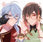  3boys bishounen blue_eyes blue_hair chibi colored_inner_hair ear_piercing edmond_(nu_carnival) eiden_(nu_carnival) glasses light_blue_hair long_hair looking_at_viewer low_ponytail male_focus mobugorilla multicolored_hair multiple_boys nu_carnival piercing red_eyes yakumo_(nu_carnival) 