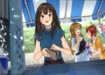  3girls :d bare_arms belt belt_buckle blue_eyes blue_shirt blurry blurry_background brown_belt brown_hair buckle closed_eyes green_eyes high_ponytail highres idolmaster idolmaster_cinderella_girls igarashi_kyoko kaiso_(kaisooekaki) kousaka_umi leaning_forward long_hair multiple_girls open_mouth outdoors red_hair shibuya_rin shiny shiny_hair shirt short_sleeves side_ponytail smile standing straight_hair very_long_hair white_shirt yellow_shirt 