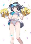  1girl absurdres animal_ears bangs bare_shoulders blue_archive blush breasts cheerleader confetti crop_top dog_ears dog_girl dog_tail eyewear_on_head from_below goggles goggles_on_head halo hibiki_(blue_archive) hibiki_(cheerleader)_(blue_archive) highres holding holding_pom_poms looking_at_viewer medium_breasts midriff miniskirt navel panties pantyshot pom_pom_(cheerleading) skirt solo tail tamago_(eva1314056) underwear 