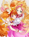  2girls amanogawa_kirara bare_shoulders blonde_hair blue_eyes blush bow breasts brooch choker cleavage collarbone cure_flora cure_twinkle detached_sleeves dress earrings flower flower_earrings flower_necklace gloves go!_princess_precure gradient gradient_background grey_background hair_ornament haruno_haruka highres jewelry long_hair looking_at_viewer magical_girl multicolored_hair multiple_girls nani_(s2_nani) orange_hair pink_dress precure puffy_short_sleeves puffy_sleeves purple_eyes quad_tails short_sleeves smile star_(symbol) star_earrings strapless strapless_dress two-tone_hair very_long_hair waist_bow white_gloves yellow_dress 