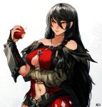  1girl :t absurdres apple bandaged_arm bandages bangs belt black_belt black_hair black_sleeves blush breasts cleavage closed_mouth collarbone detached_sleeves eating food fruit hachijuu hair_between_eyes highres holding holding_food holding_fruit long_hair medium_breasts midriff navel red_apple solo stomach tales_of_(series) tales_of_berseria velvet_crowe very_long_hair yellow_eyes 