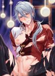  1boy blue_eyes blue_hair blush censored clothing_cutout edmond_(nu_carnival) erection light_blue_hair long_hair looking_at_viewer low_ponytail male_focus mobugorilla mosaic_censoring nu_carnival one_eye_closed solo 