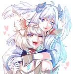  2girls animal_ears bangs blunt_bangs cat_ears facial_mark grey_hair head_wings highres jayyceon melia_antiqua multiple_girls nia_(xenoblade) o-ring short_hair xenoblade_chronicles_(series) xenoblade_chronicles_1 xenoblade_chronicles_2 xenoblade_chronicles_3 yellow_eyes 