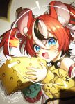  1girl animal_ears artist_name asymmetrical_sleeves blue_eyes cheese collar drooling eating food hakos_baelz highres holding holding_food hololive hololive_english mouse_ears mouth_drool multicolored_hair onyang red_hair reticule spiked_collar spikes streaked_hair surprised twintails virtual_youtuber 