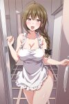  1girl ahoge apron black_ribbon braid braided_ponytail breasts brown_eyes brown_hair cleavage commentary_request hair_over_shoulder hair_ribbon highres idolmaster idolmaster_shiny_colors kuwayama_chiyuki large_breasts looking_at_viewer naba_(take_tonbo) naked_apron open_mouth opening_door partial_commentary ribbon single_braid smile solo standing white_apron 