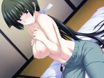  1girl after_paizuri bangs black_hair blue_eyes blunt_bangs breasts closed_mouth collarbone cum cum_on_body cum_on_breasts dutch_angle futon game_cg grey_pants groin hair_ribbon indoors kawagishi_keitarou large_breasts long_hair low_ponytail maji_de_watashi_ni_koi_shinasai! mayuzumi_yukie navel nipples pants ribbon shiny shiny_hair sitting solo tatami topless very_long_hair white_ribbon 